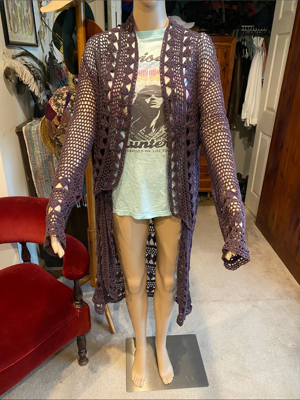 Free People Crochet Longline Open-Front Sweater Cardigan - Purple